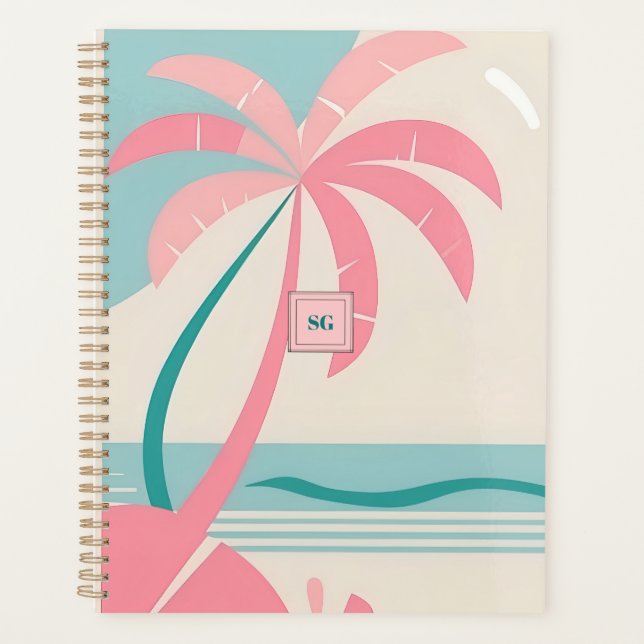 Mongram, pastellfarbener tropischer Strand pink un Planer (Vorderseite)