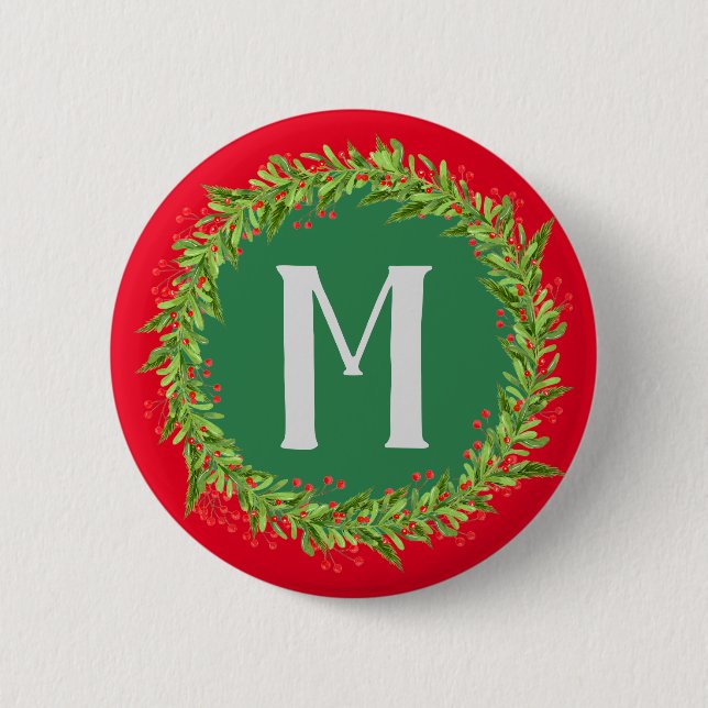 Mongram Red and Green Kreath Christmas Button (Vorderseite)