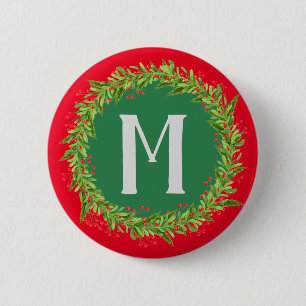 Mongram Red and Green Kreath Christmas Button