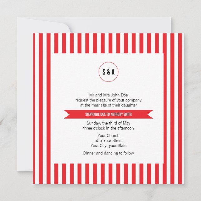 Mongram, Red and White Stripes Muster Hochzeit Einladung (Vorderseite)