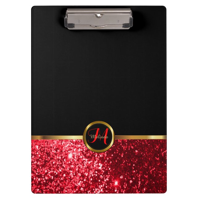 Mongram Red Glitzer Design Klemmbrett (Vorderseite)