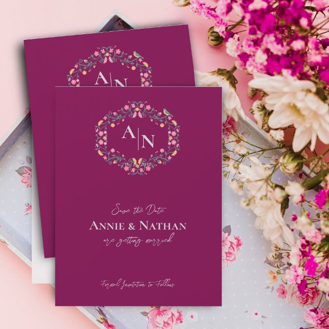 Mongram Red Intricate Floral Wedding Ankündigung (Monogram Red Intricate Floral Wedding Announcement)