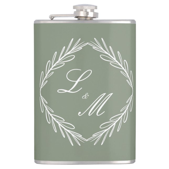 Mongram Script Branch Sage Green Wedding Flachmann (Vorderseite)