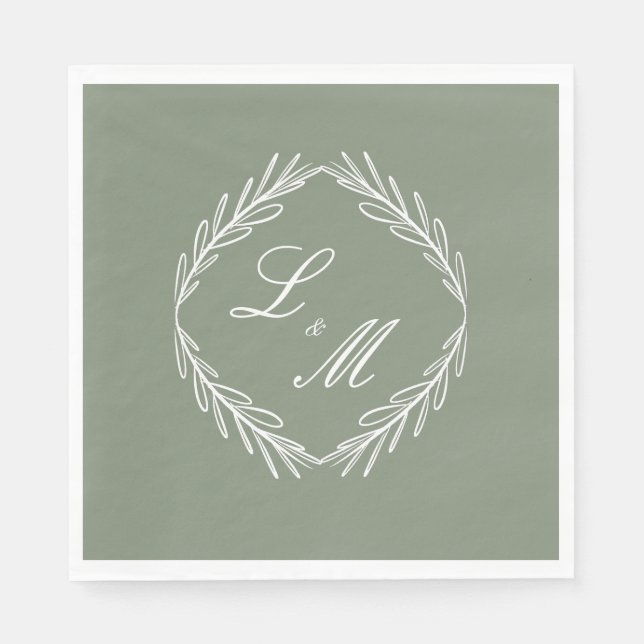 Mongram Script Branch Sage Green Wedding Serviette (Vorderseite)