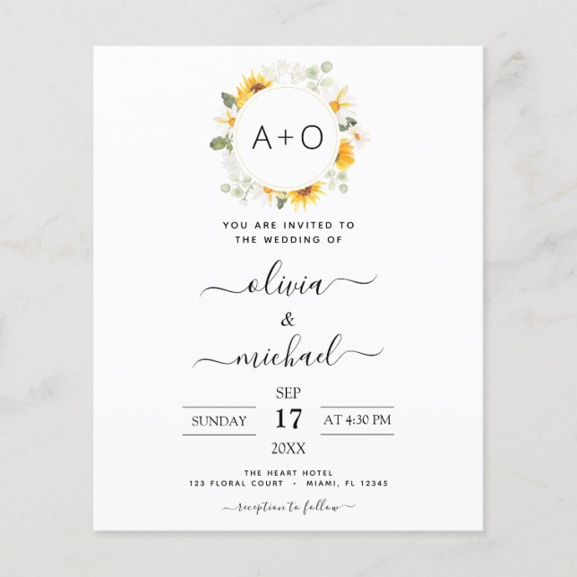 Mongram Sonnenblume Eukalyptus Wedding Flyer (Vorne)