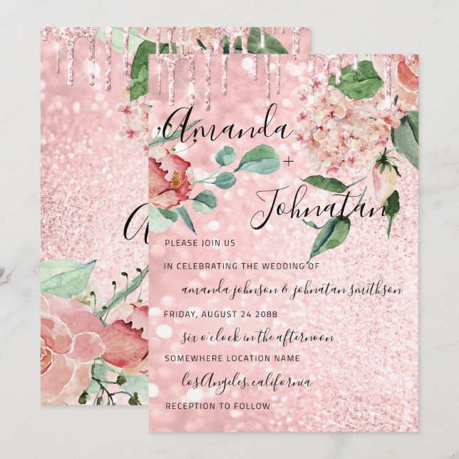 Mongram Tropfens Hochzeit Florals Mint Glitzer Pin Einladung (Vorne/Hinten)