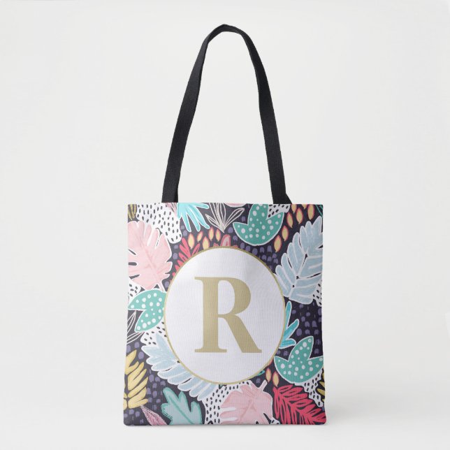 Mongram Tropical Shapes Collage Muster Totbeutel Tasche (Vorderseite)