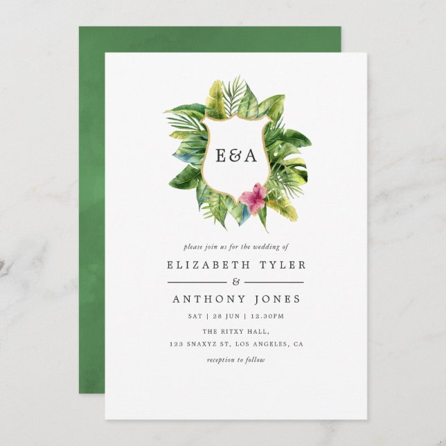 Mongram Tropical Summer Beach Wedding Einladung (Vorne/Hinten)