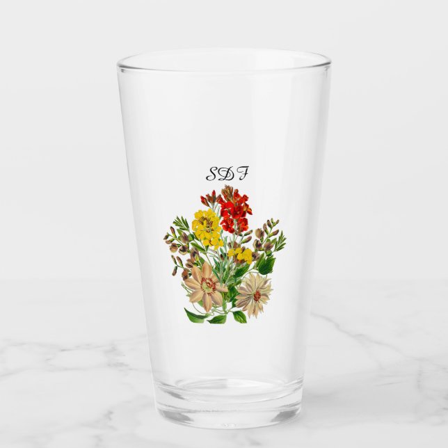 Mongram Vintage Blume Bouquet Glass Cup Glas (Vorderseite)