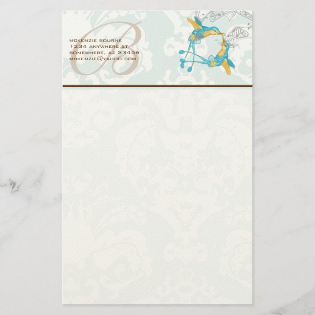 Mongram Vintage Hummingbirds Branchenstationery Briefpapier (Vorderseite)