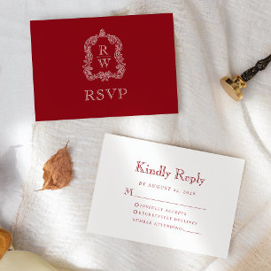 Mongram Wappen Cranberry Red Wedding RSVP Karte