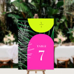 Mongram Wedding Tropical Neon Arches Palm Tree Tischnummer<br><div class="desc">Neongelbe und rosa Arkaden über dunklem Palmenblattuntergrund mit Monogramm aus schwarz-weißer Linie aus Palmenblättern und Palmenzeichnungen auf jeder Seite</div>