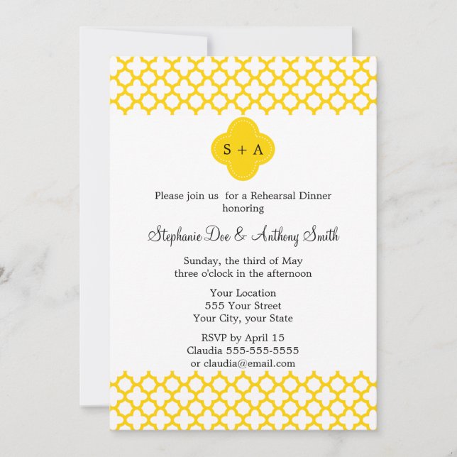 Mongram Yellow Quatrefoil Muster Hochzeit Einladung (Vorderseite)