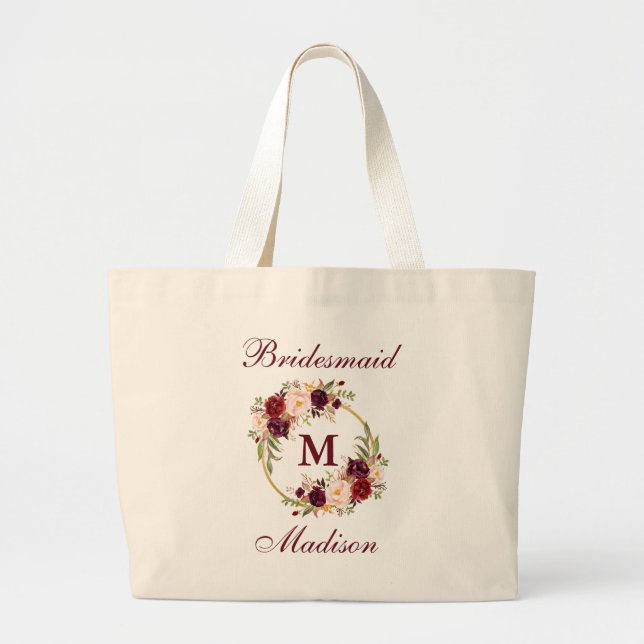 Mongramm-Bridesmaid des Burgund Floral Gold Circle Jumbo Stoffbeutel (Vorne)
