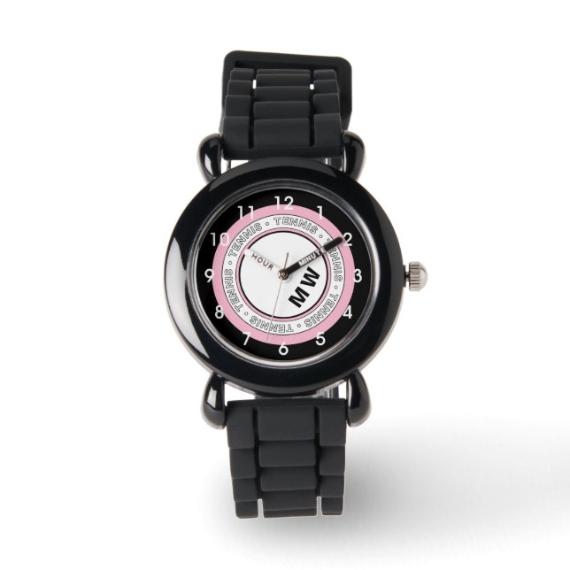 Mongramm-Tennis-Text-Rundschau Rosa Armbanduhr (Vorderseite)