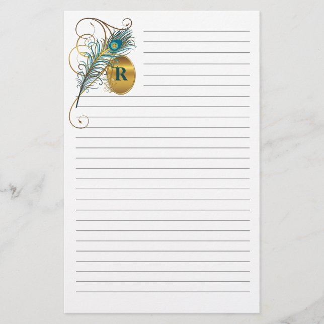 Mongrammatiertes Pfau Aquamarin und goldgedeckte H Briefpapier (Vorderseite)