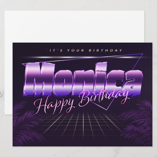 Monica Name Vorname lila retro Karte Geburtstag (Vorne/Hinten)