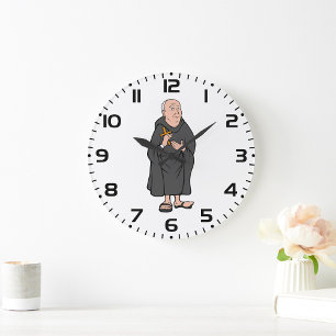 Monk Holding Cross in Robe Mittelalterliche Religi Große Wanduhr