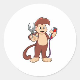 Monkey as Hairdresser with Scissors & Razor Runder Aufkleber