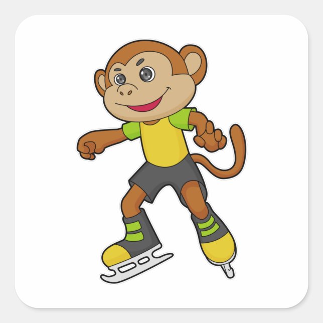 Monkey at Ice skating with Ice skates Quadratischer Aufkleber (Vorderseite)
