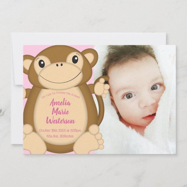 Monkey Baby Dusche Pink Einladung (Vorderseite)