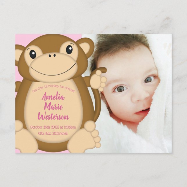 Monkey Baby Dusche Pink Postkarte (Vorderseite)