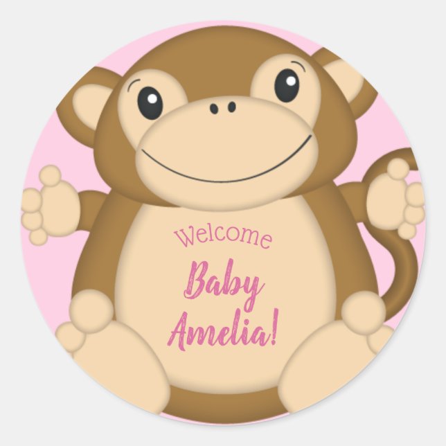Monkey Baby Dusche Pink Runder Aufkleber (Vorderseite)