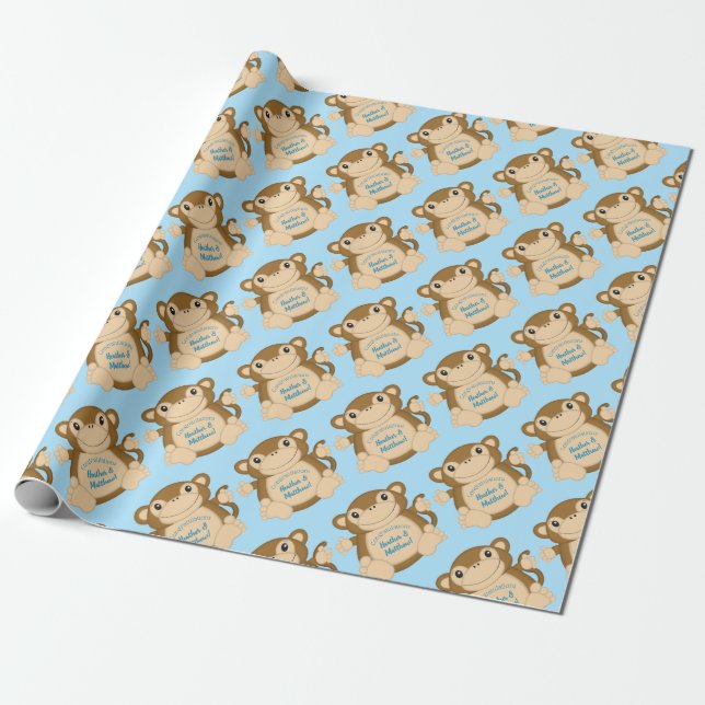 Monkey Baby Shower Blue Geschenkpapier (Ungerollt)