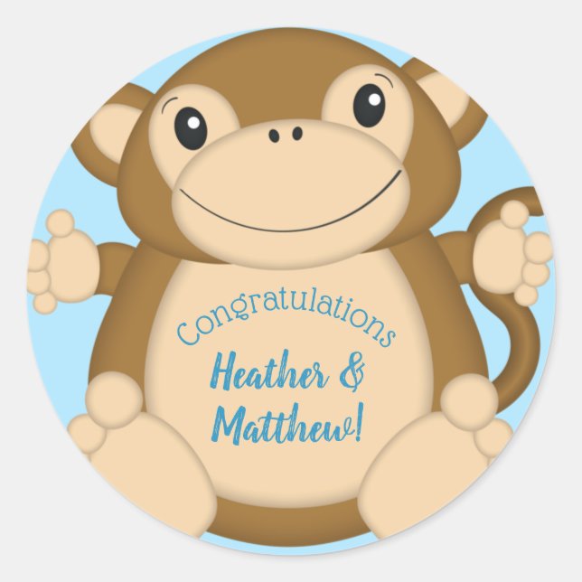 Monkey Baby Shower Blue Runder Aufkleber (Vorderseite)