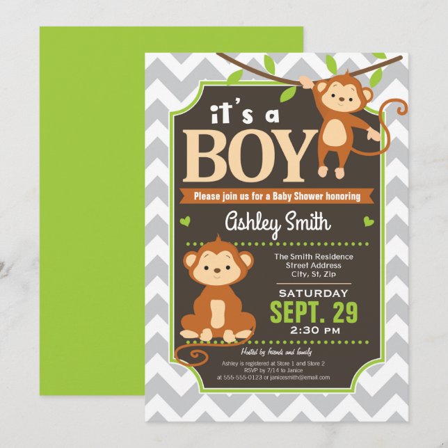 Monkey Baby Shower Einladung Junge (Vorne/Hinten)
