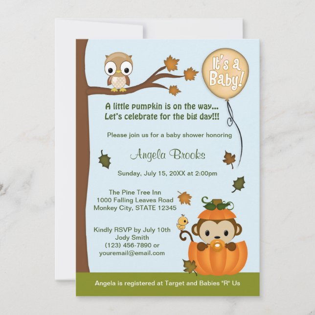 MONKEY Babydusche Einladung Fall Pumpkin NEUTRAL (Vorderseite)