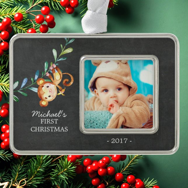 Monkey Baby's First Christmas Foto Ornament Rahmen-Ornament Silber (Von Creator hochgeladen)