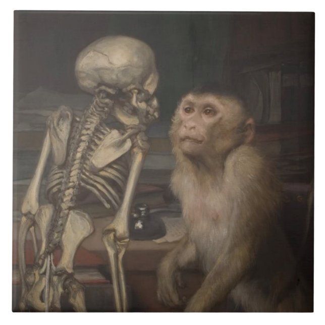 Monkey Before a Skeleton (von Gabriel von Max) Fliese (Vorderseite)