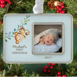 Monkey Boys Baby's First Christmas Foto Ornament Rahmen-Ornament Silber