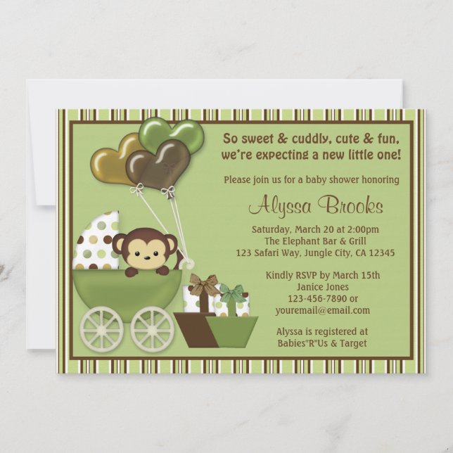 Monkey Carriage v1 Green Baby Shower Einladungen (Vorderseite)