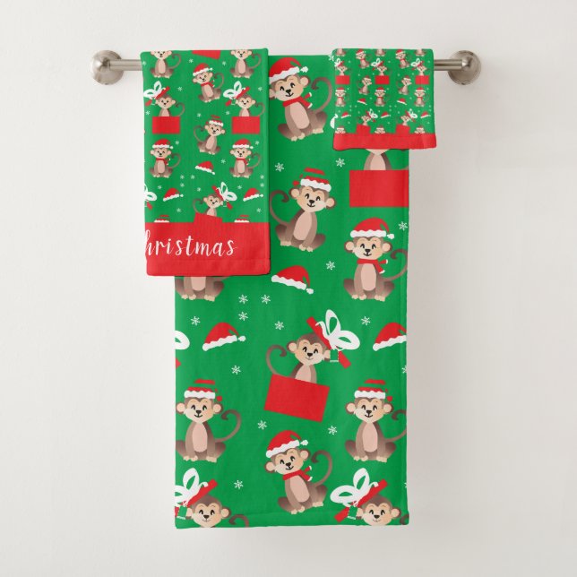 Monkey Christmas Pattern Weihnachtsmannmütze Red G Badhandtuch Set (Insitu)