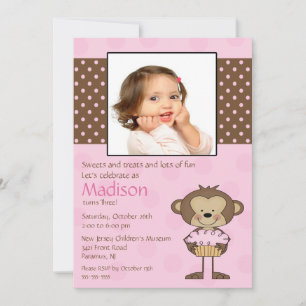 Monkey Cupcake Photo Birthday Invitation