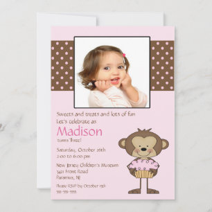 Monkey Cupcake Photo Invitation d'anniversaire