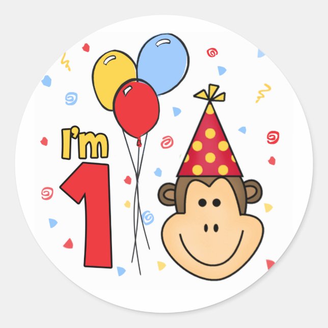 Monkey Face First Birthday Classic Round Aufkleber (Vorderseite)