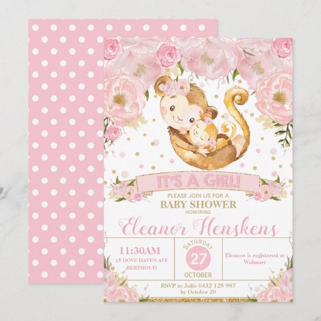 Monkey Floral Baby Shower Invitation Girl Einladung (Vorne/Hinten)