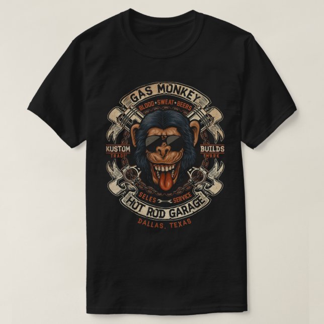 Monkey Gas Crossed Pistons Ribbon Logo T-Shirt (Design vorne)