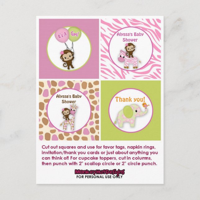MONKEY Girl Jungle Baby Dusche Cupcake Topper JJ Postkarte (Vorderseite)