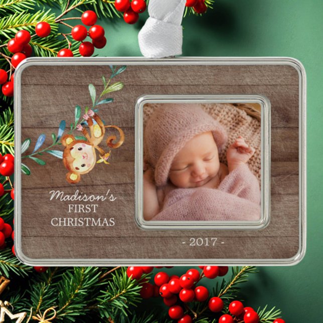 Monkey Girls Baby's First Christmas Foto Ornament Rahmen-Ornament Silber (Von Creator hochgeladen)