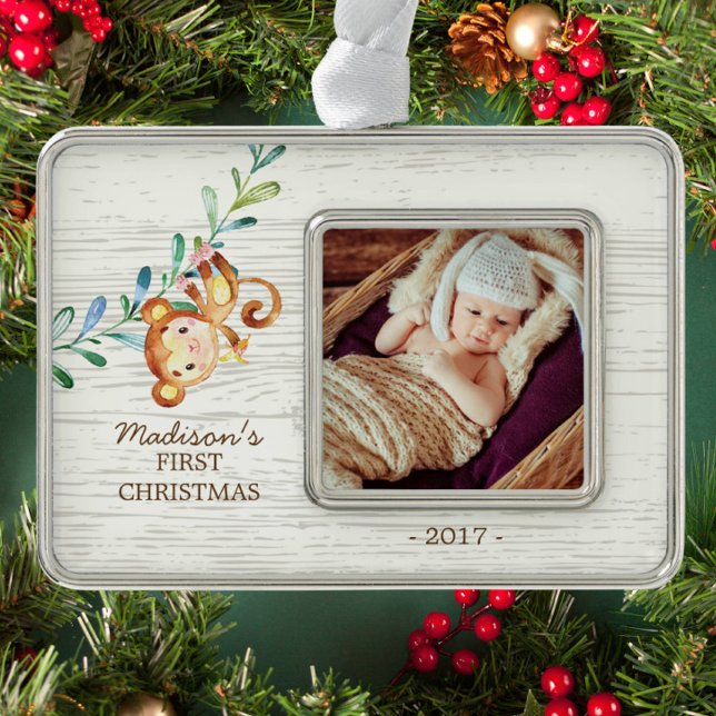 Monkey Girls Baby's First Christmas Foto Ornament Rahmen-Ornament Silber (Von Creator hochgeladen)