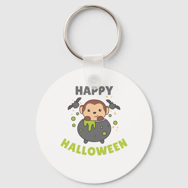 Monkey Happy Halloween Cauldron Bat Schlüsselanhänger (Vorderseite)