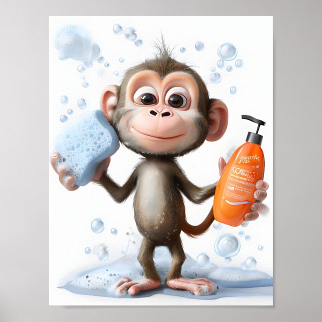 Monkey Illustration, Funny Bath Art, spielerisch Poster (Vorne)