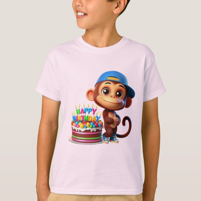  Monkey in a Baseball Cap with a Cake, Happy Birth T-Shirt (Vorderseite)
