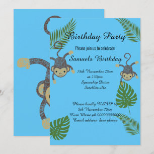 MONKEY JUNGLE BLAUE KINDER GEBURTSTAG EINLADUNG
