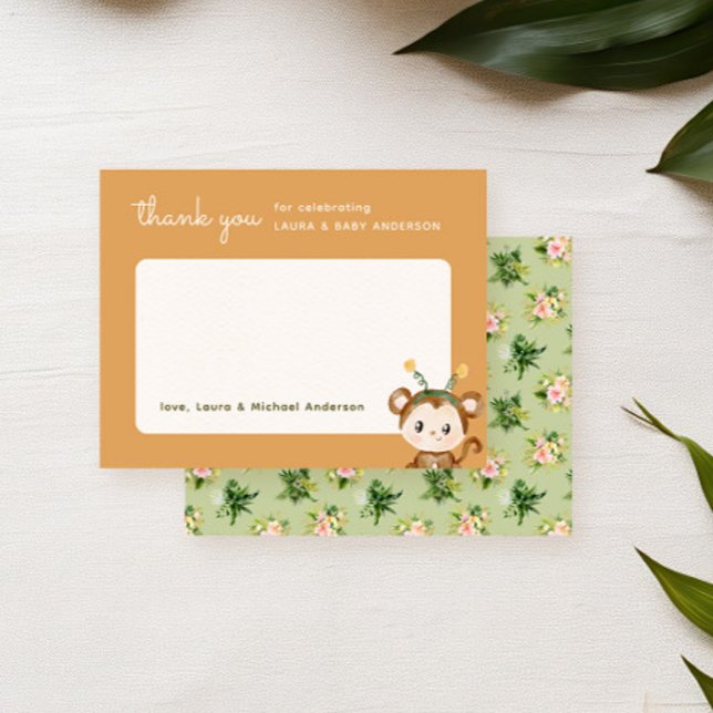 Monkey Jungle Tropical Baby Dusche Dankeskarte (Thank you card for a safari baby shower party featuring a cute monkey and tropical botanicals)