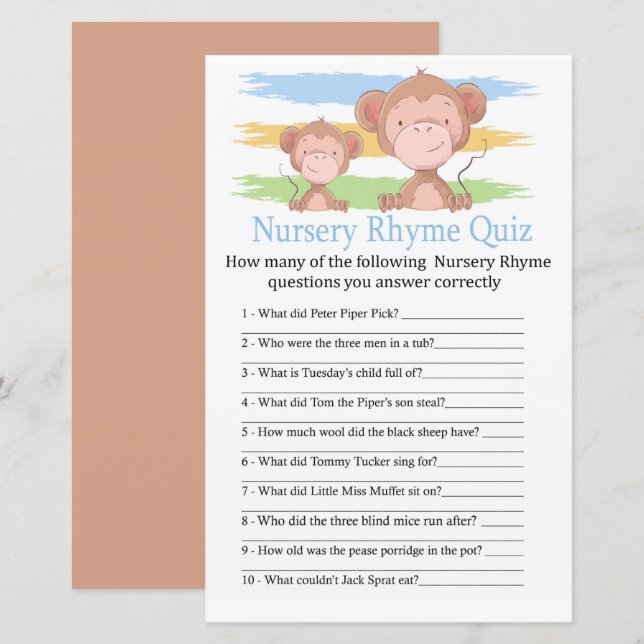 Monkey Kinderzimmer Rhyme Quiz Babyduschenspiel (Vorne/Hinten)